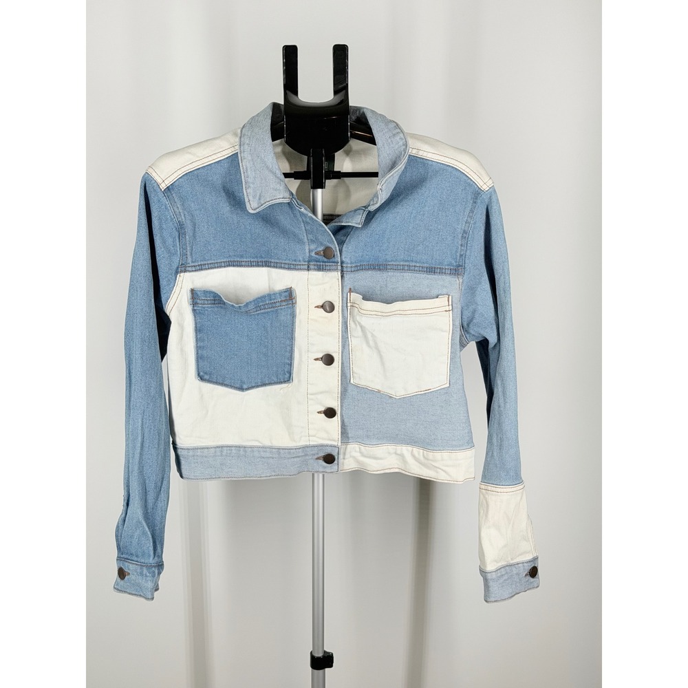 Wild Fable Colorblock Cropped Denim Jacket Blue Cream Patchwork Size Medium
